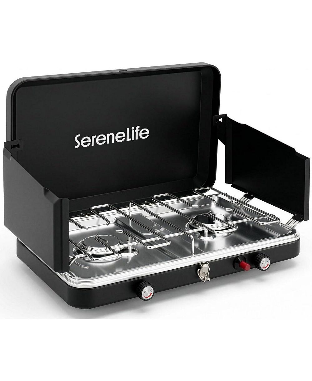 SereneLife 2 Burner Propane Camping Stove - 24,400 BTU Portable Camp Stove with Wind Guards and Push Button Ignition