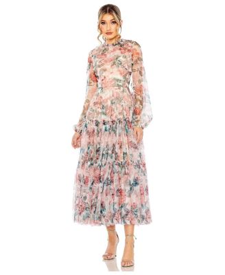 Mac Duggal Women's Long Sleeve High Neck Long Balloon Sleeve Midi Dress