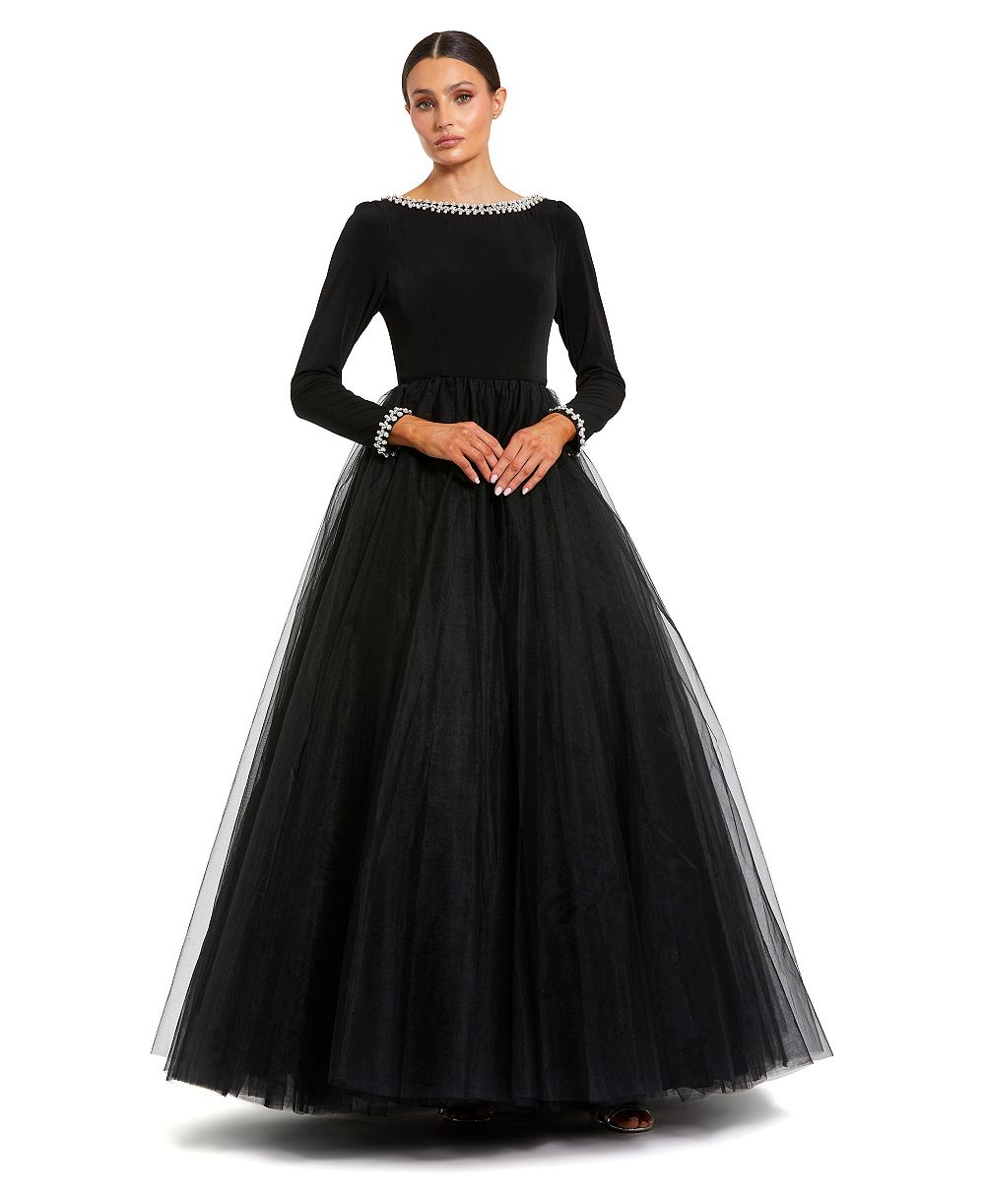 Платье Mac Duggal Petite Embellished Jersey с длинным рукавом и юбкой из тюля