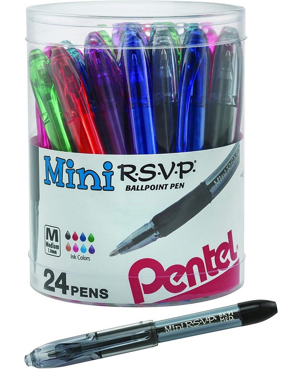Pentel RSVP Mini Ballpoint Pen, (1.0mm) Medium Line, 24-Assorted Ink (A/B/C/D/F/P/S/V) in Clear cylinder pack