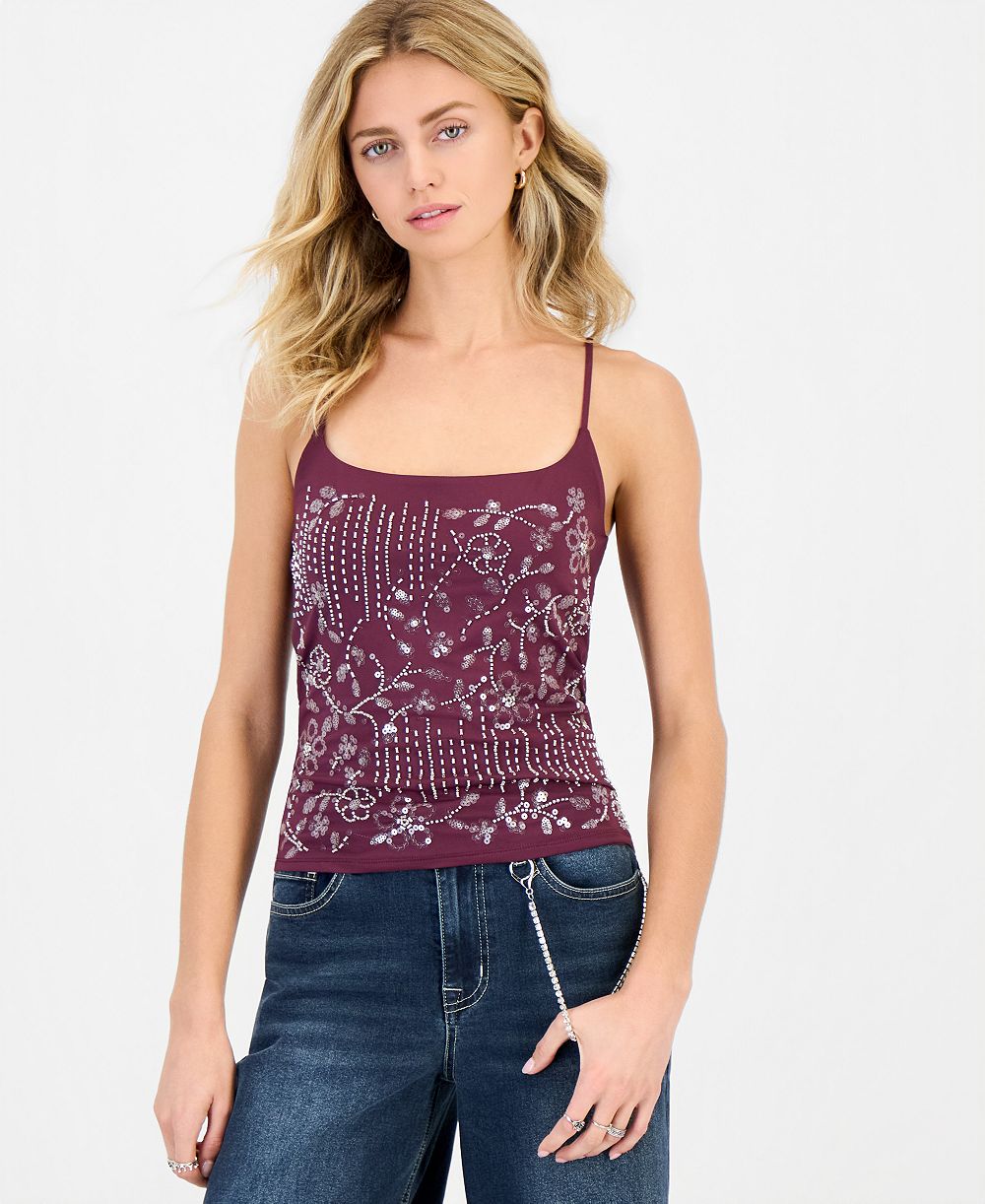 Madden Girl Juniors' Beaded Floral Scoop Neck Spaghetti-Strap Camisole