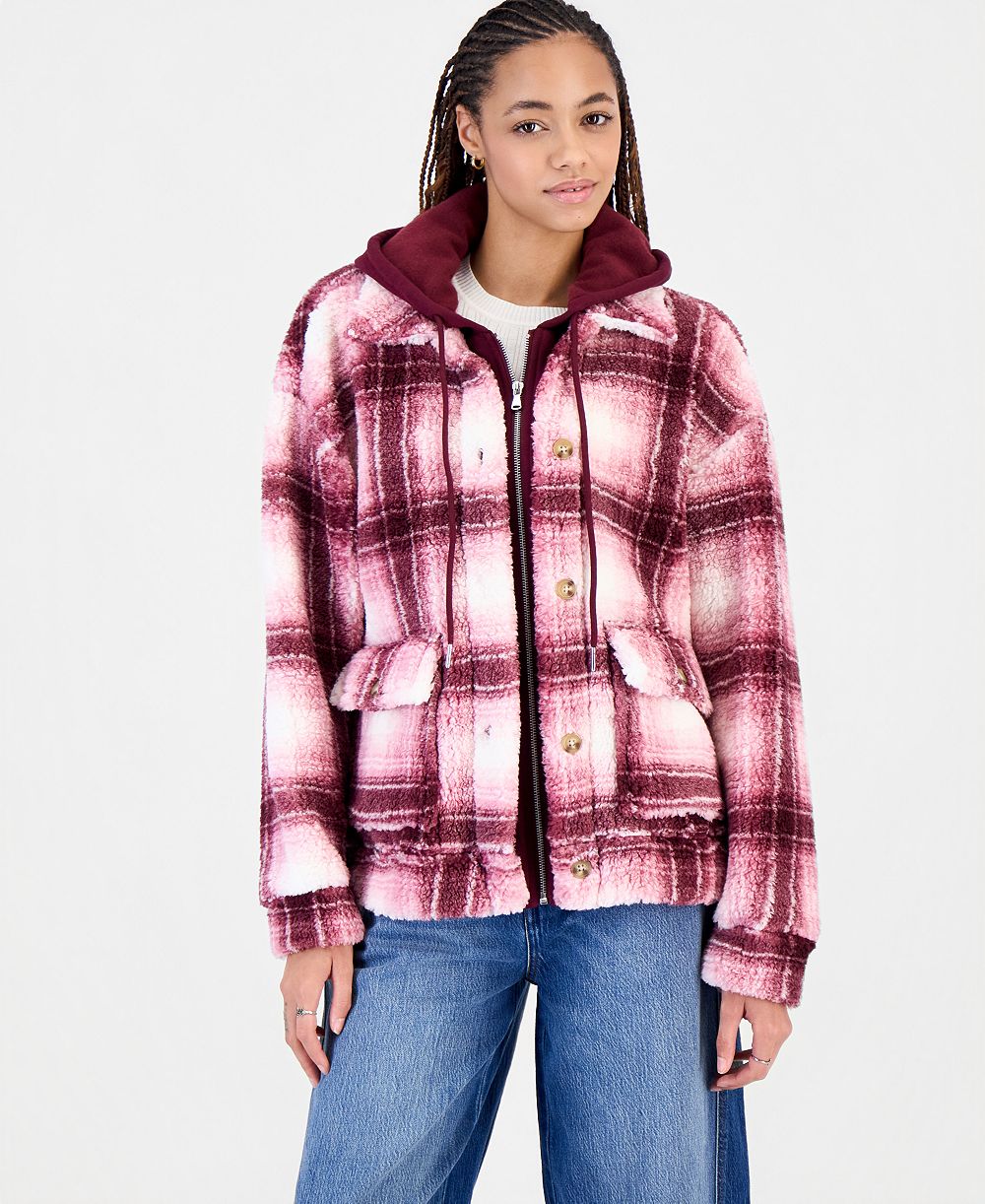 Madden Girl Juniors' Sherpa-Lined Plaid Hooded Shacket