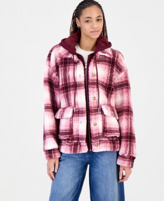 Madden Girl Juniors' Sherpa-Lined Plaid Hooded Shacket