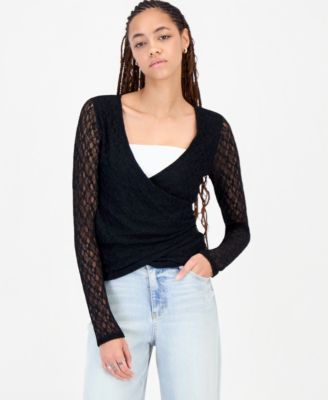 Just Polly Juniors' Lace Surplice Wrap Long-Sleeve Top