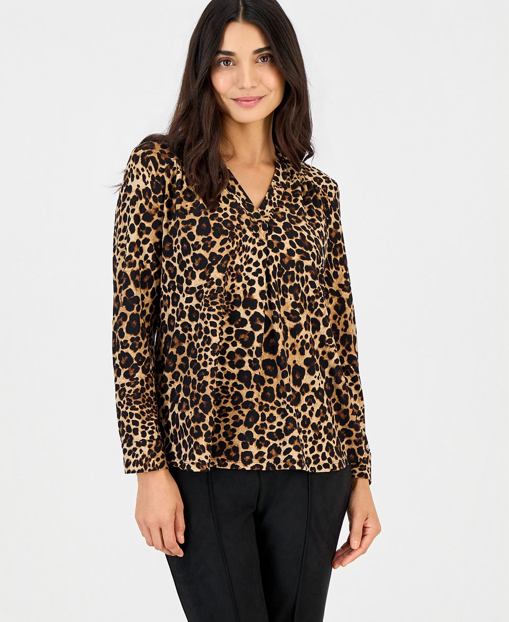 Anne Klein Essentials Petite Long-Sleeve Leopard-Print Blouse