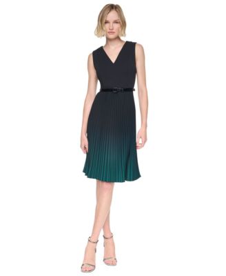 DKNY Women's Belted Ombre Pleat V-Neck Dress