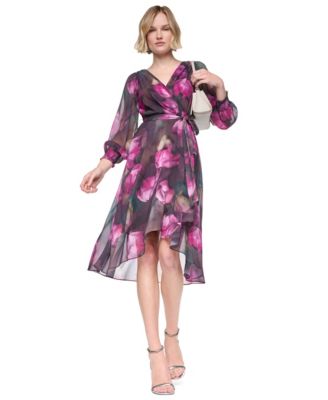 DKNY Women's Smocked Wrap Midi Floral-Print Long-Sleeve Dress