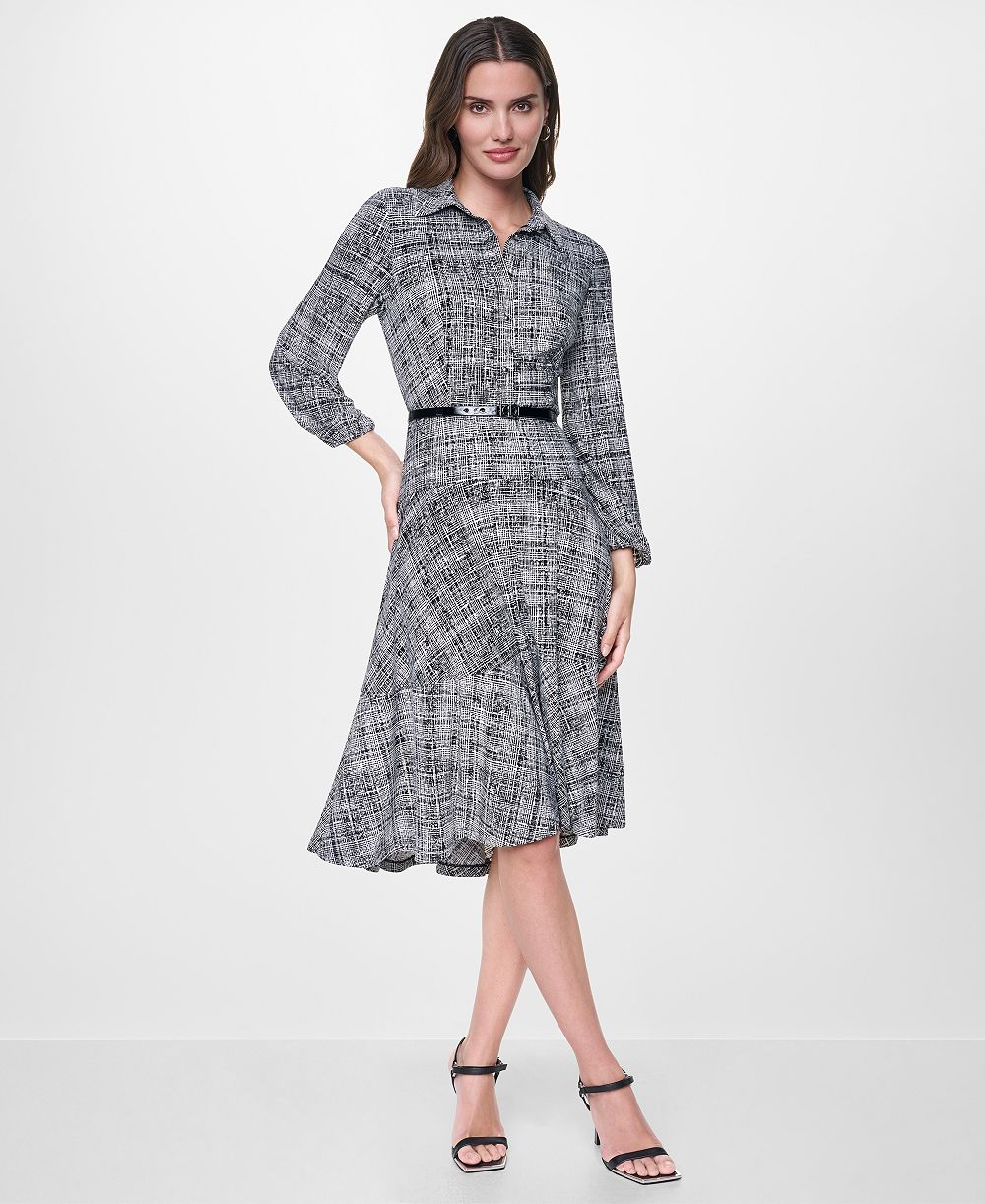 DKNY Women's Long Balloon-Sleeve High-Low-Hem Printed Shirt Dress