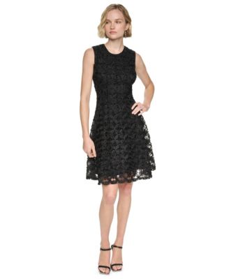 DKNY Women's Sleeveless Jewel Neck Lace Fit & Flare Cocktail Dress
