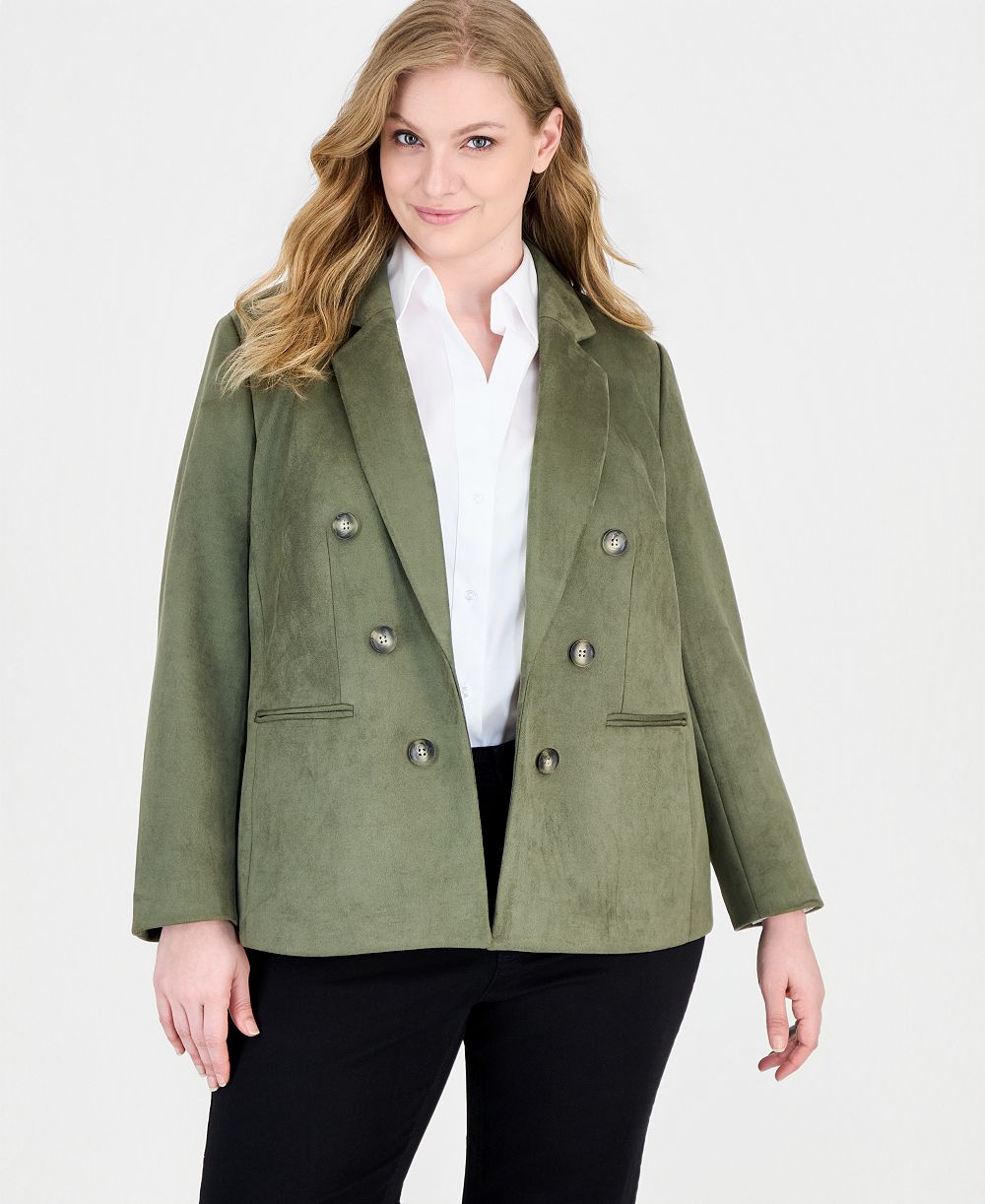 Jones New York Plus Size Faux-Double-Breasted Faux Suede Blazer