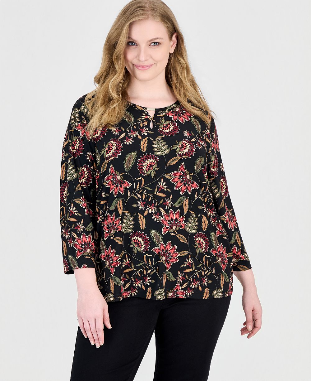 Jones New York Plus Size напечатанный ключевое отверстие 3/4 рукав топ