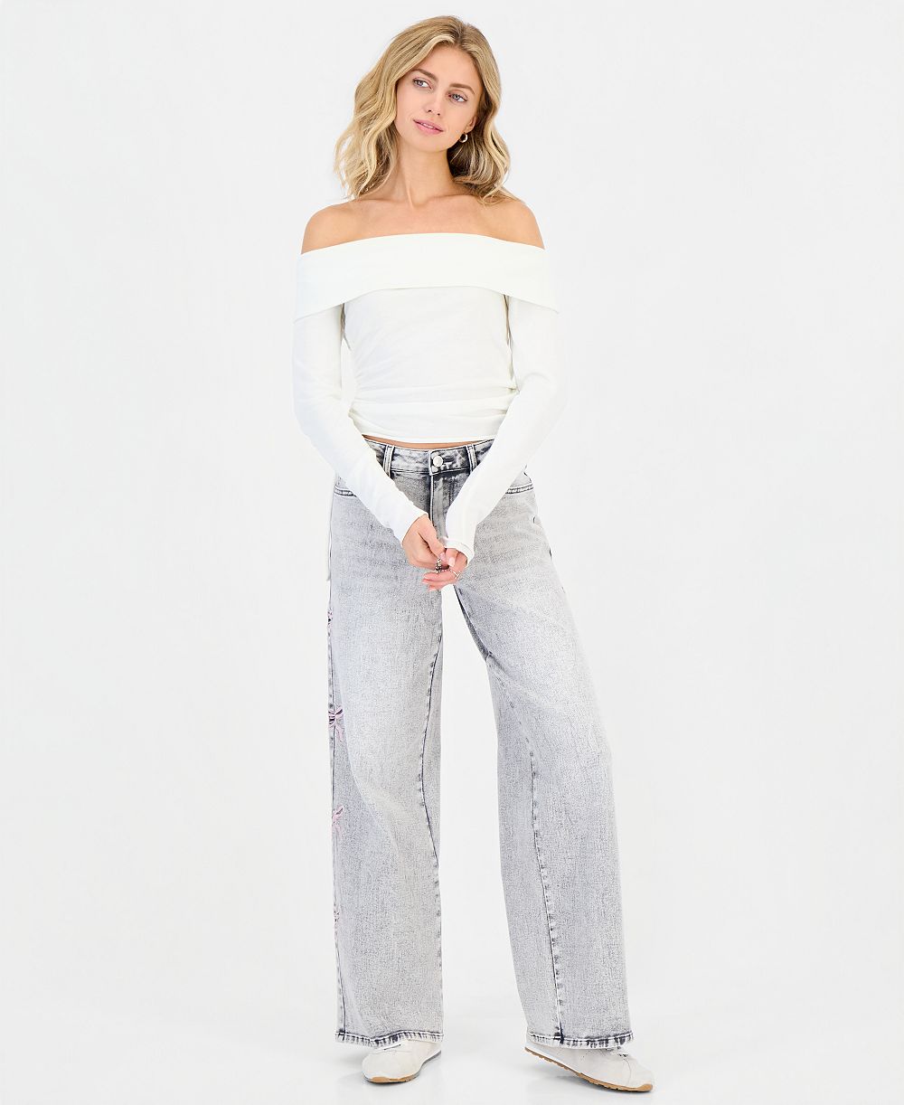 Madden Girl Women's Ultra 90s High-Rise Wide-Leg Bow Embroidery Jeans