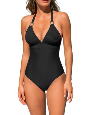 Cupshe Women's Ribbed V-Neck Metal Trim One-Piece Swimsuit