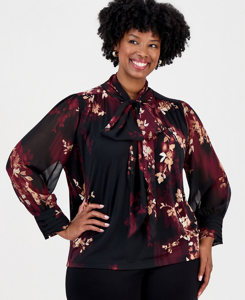 Anne Klein Plus Size Long Sleeve Tie Neck Floral Blouse