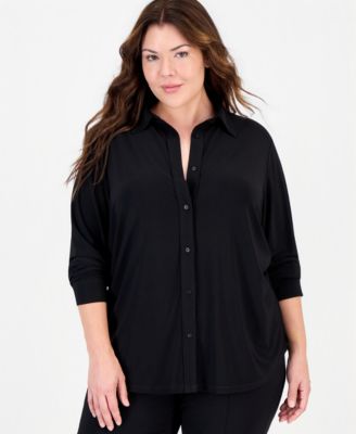 Anne Klein Essentials Plus Size Long-Sleeve Button-Up Blouse