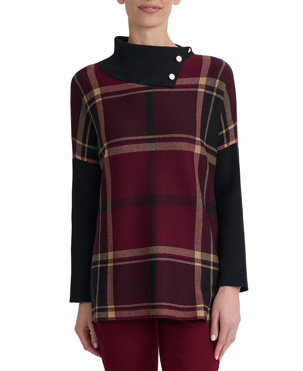 Jones New York Women's Plaid Split-Neck Poncho Sweater