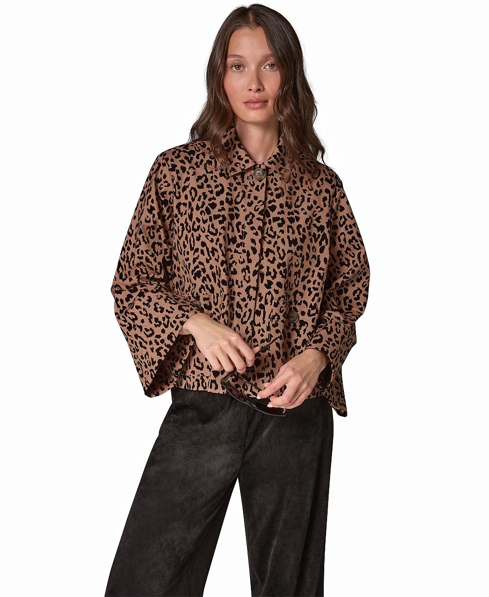 Donna Karan Weekend Women's Flocked Canvas Leopard-Print Bell-Sleeve Trapeze Jacket