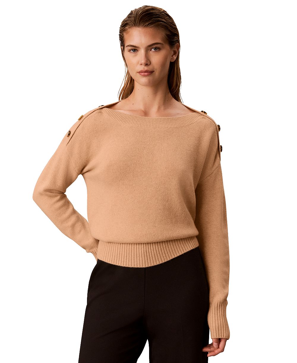 Calvin Klein Petite Bateau Neck Button-Shoulder Sweater