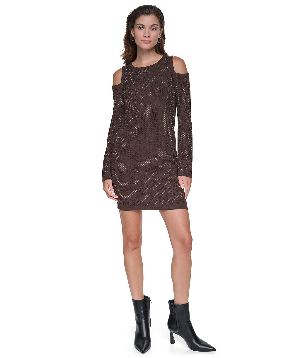 DKNY Jeans Women's Cold Shoulder Long Sleeve Rhinestone Mini Dress