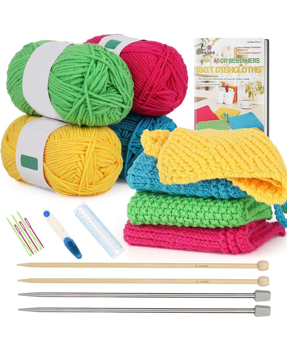 Aeelike Knitting Kit for Beginners, Complete Beginner Knitting Set with Needles and Cotton Yarn, Learn to Knit Dishcloth
