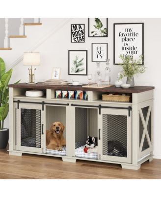 gaomon 71'' Heavy Duty Double Dog Crate Coffee Table - Pet Kennel with 3 Storage Drawers, Removable Divider, Sliding Barn Door - Extra Large TV Stand