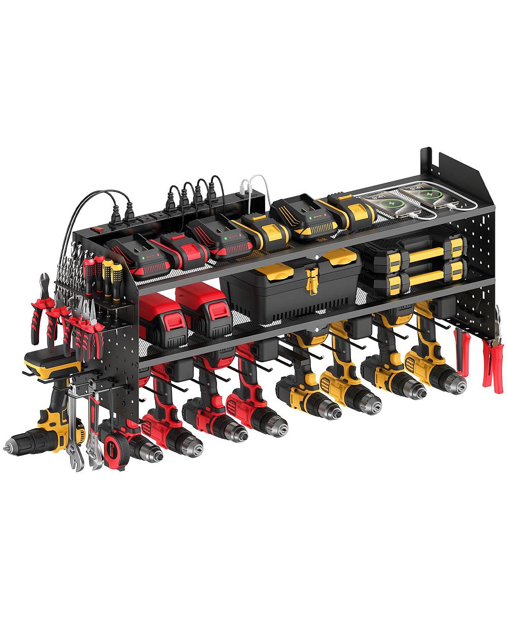 XDOVET Power Tool Organizer Wall Mount Charging Station Drill Holder Utility Rack 8 Outlet Strip