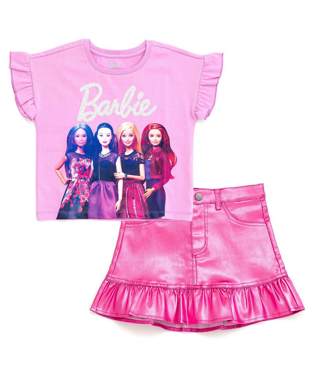Barbie комплект из футболки с пайетками и металлической юбки для девочек-малышек 2T-4T