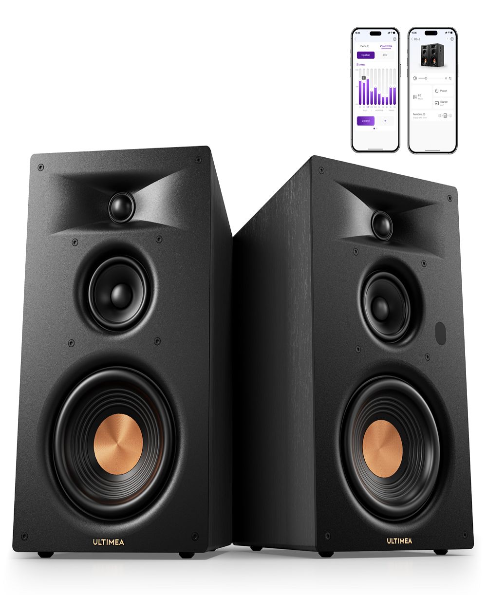 ULTIMEA BS-3 3-Way Powered Bookshelf Speakers, 70W RMS with 5.25" Woofer, HDMI ARC, Bluetooth 6.0, Auracast, App Control, BassMX, Edge Horn Technology