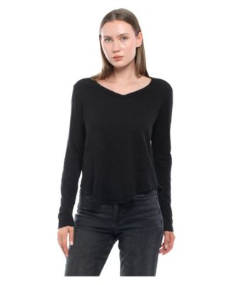 WILT Women's Long Sleeve V-Neck Raw Hem Shirttail Tee
