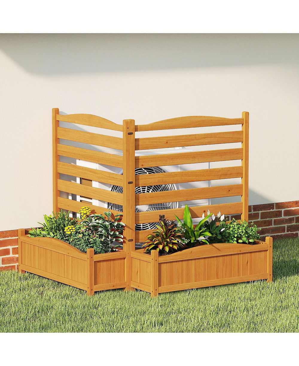 Gymax Air Conditioner Fence w/Planter Box 2-Panel Freestanding Wood Privacy Screen