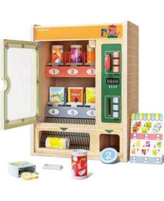10PCS Play Food Wooden Vending Machine For Kids Pretend Play Toys With Wooden Snack Bars and Drink Cans Play Set For Boys Girls