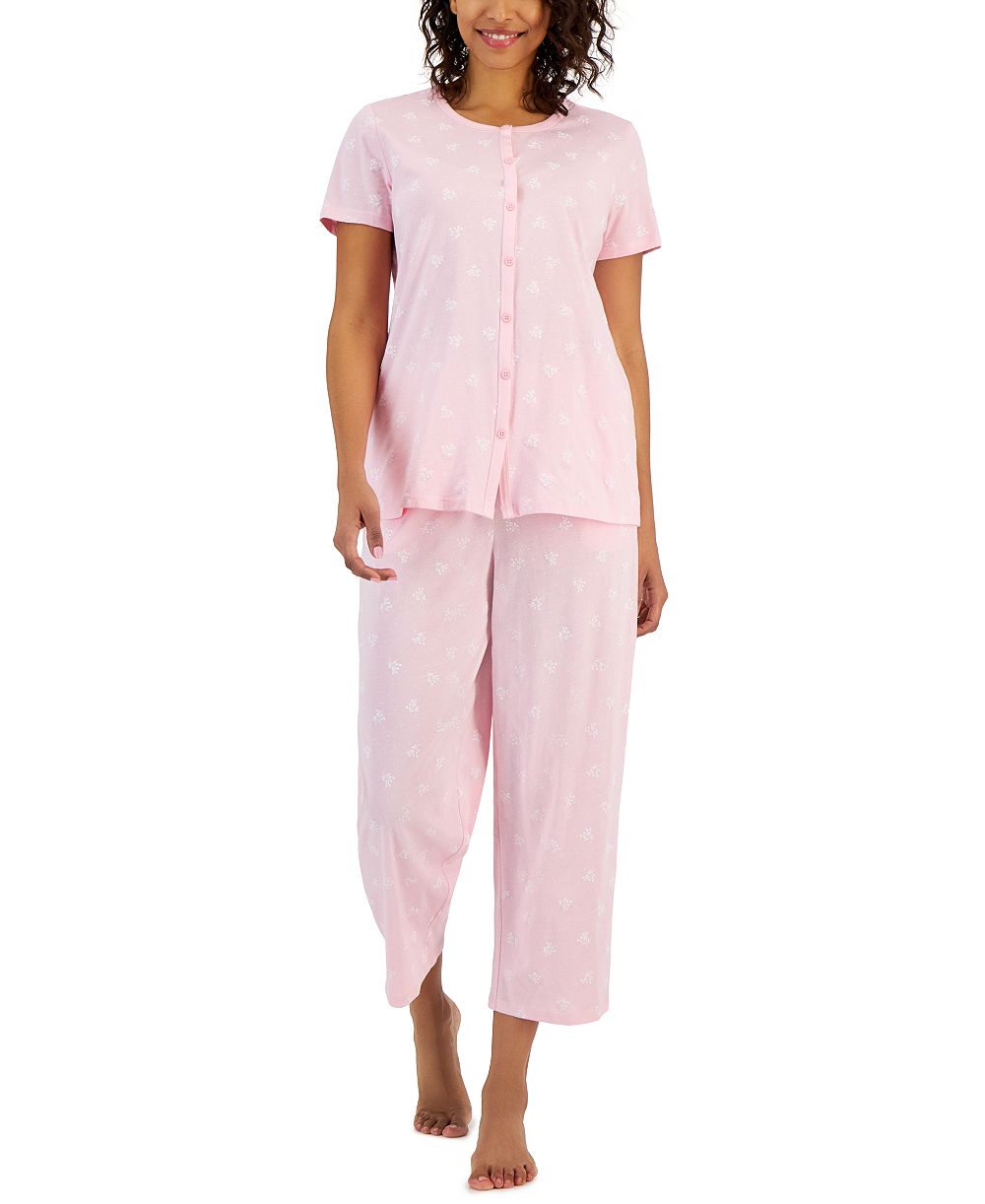 Charter Club Women's 2-Piece Cotton Printed Cropped Pajama Set, Created for Macy's