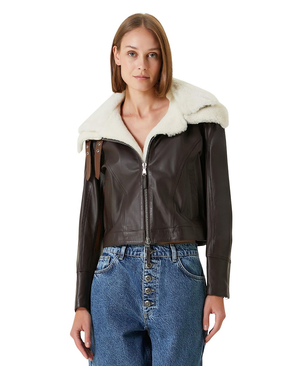 PCFG Women's Double Collar Leather Jacket