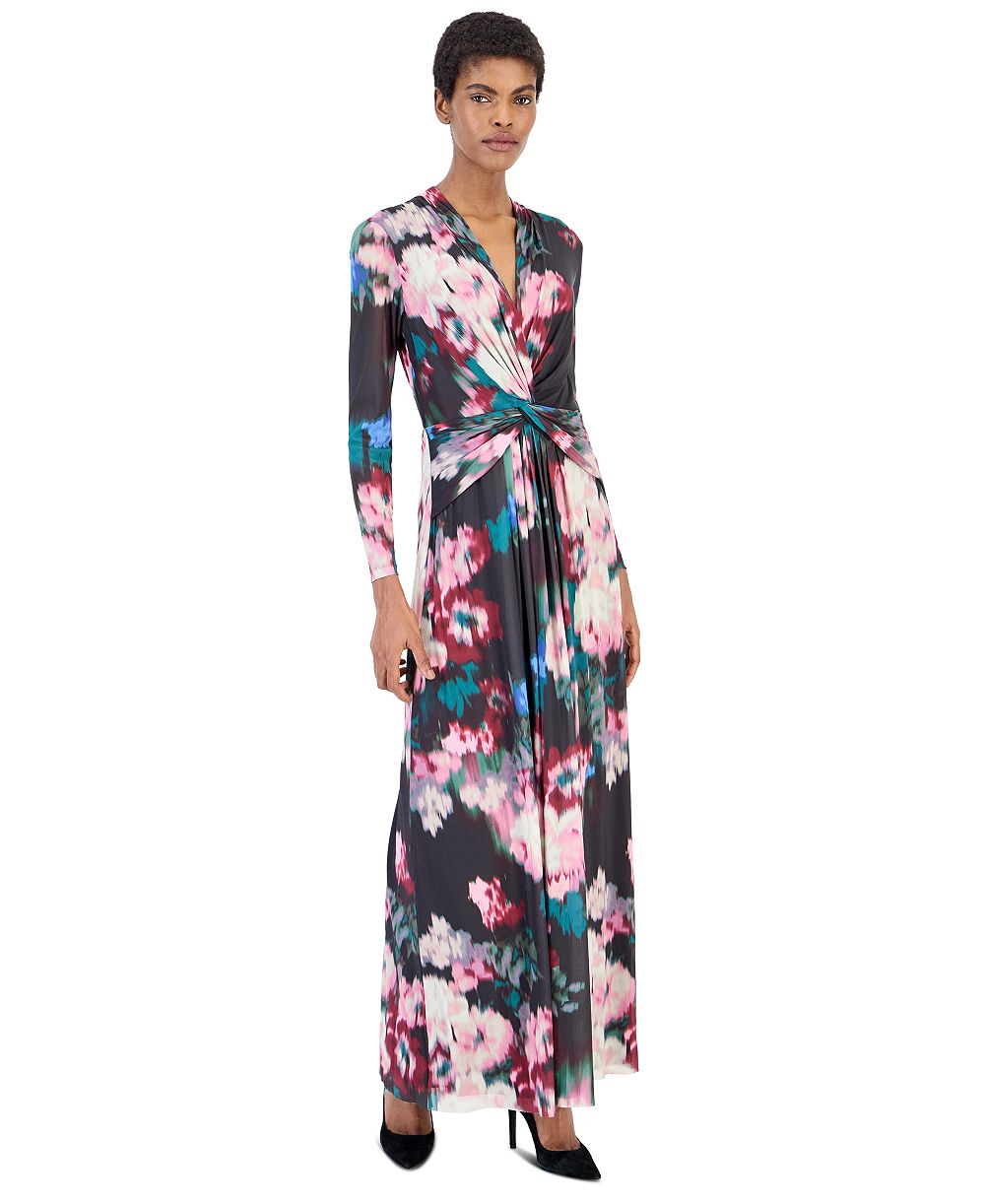 Женское платье Anne Klein Petite Mesh Twist Front Floral Long-Sleeve Maxi
