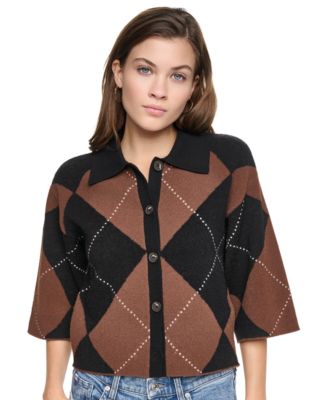 DKNY Jeans Women's Fuzzy-Knit Argyle Polo Collar Cardigan