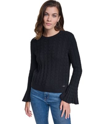 DKNY Jeans Women's Cable-Knit Ruffled-Cuff Pullover Sweater