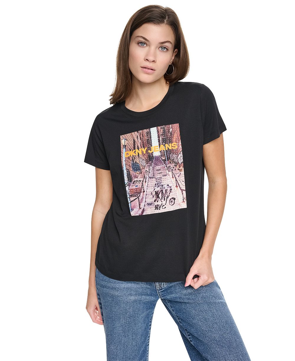 DKNY Jeans Women's Photoreal Bronx Logo Graphic Short-Sleeve Crewneck Cotton-Blend T-Shirt