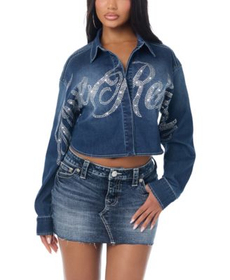 True Religion Women's Long-Sleeve Crop Crystal Denim Shirt