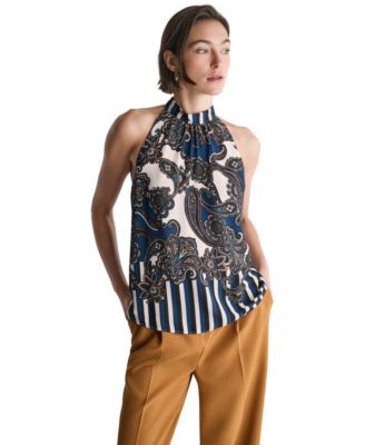 BCBG Women's Halter Sleeveless Print Blouse