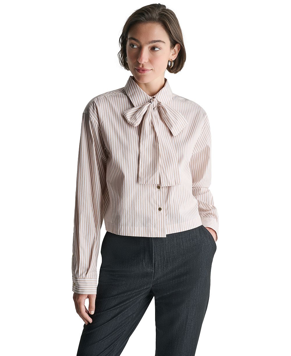 BCBG Women's Long-Sleeve Striped Tie Neck Blouse