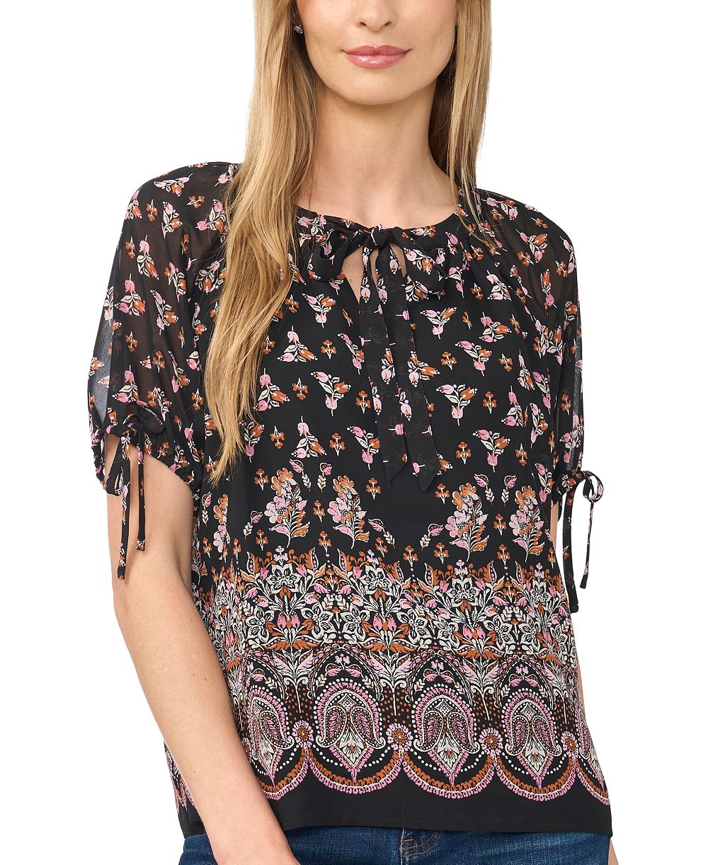 CeCe Women's Puff Raglan Short-Sleeve Tie Neck Floral-Print Blouse