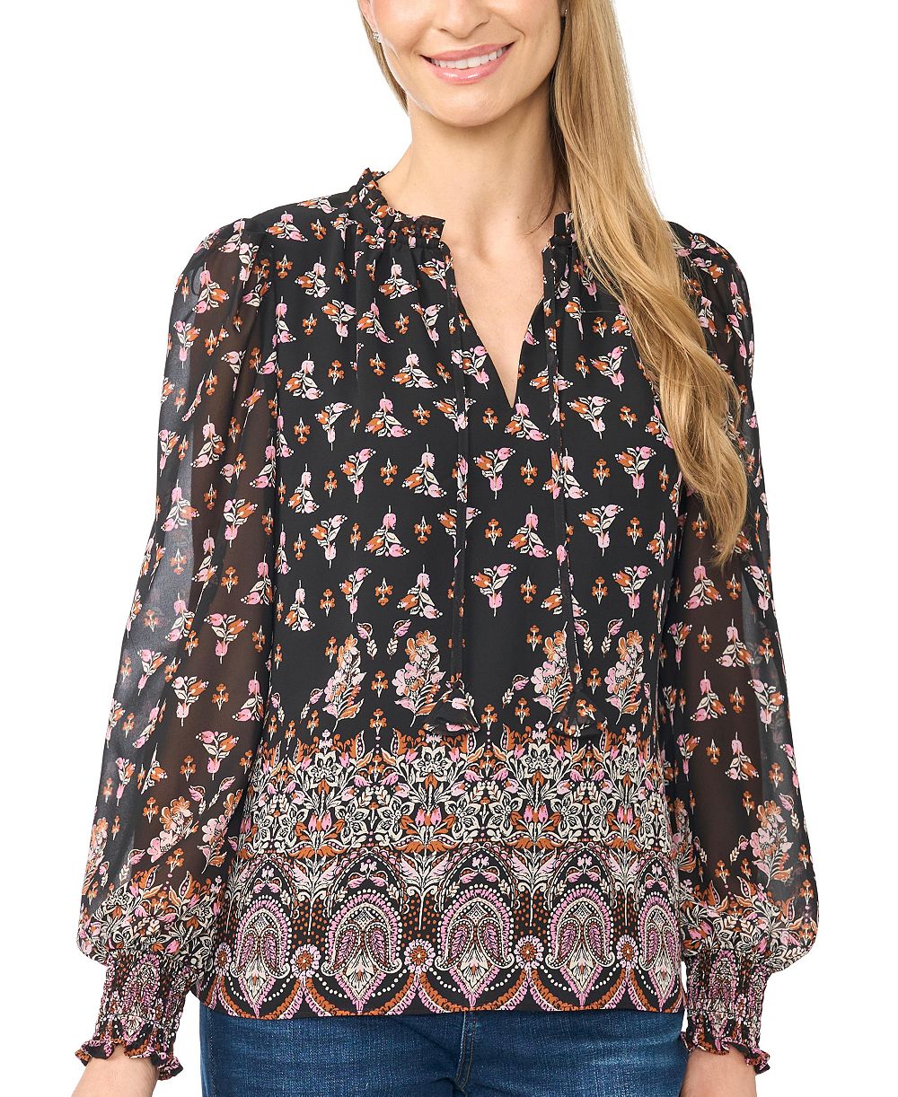 CeCe Women's Long-Sleeve V-Neck Smocked Cuff Ruffle Blouse