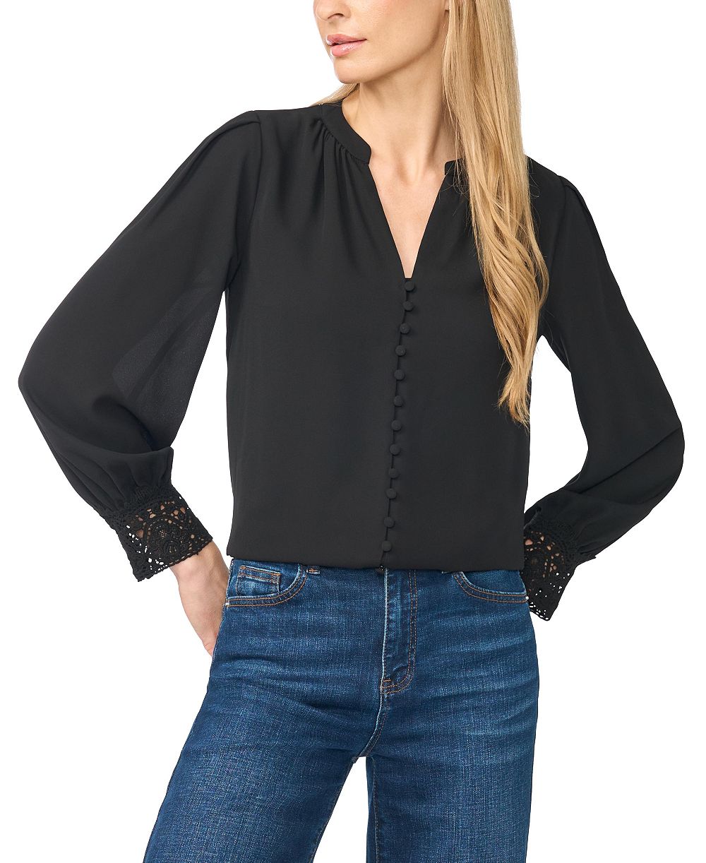 CeCe Women's Long-Sleeve V-Neck Lace-Cuff Blouse