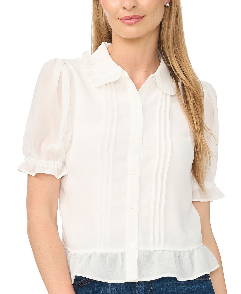 CeCe Women's Short-Sleeve Cropped Buttoned Top With Ruffle Collar and Pintucks Blouse