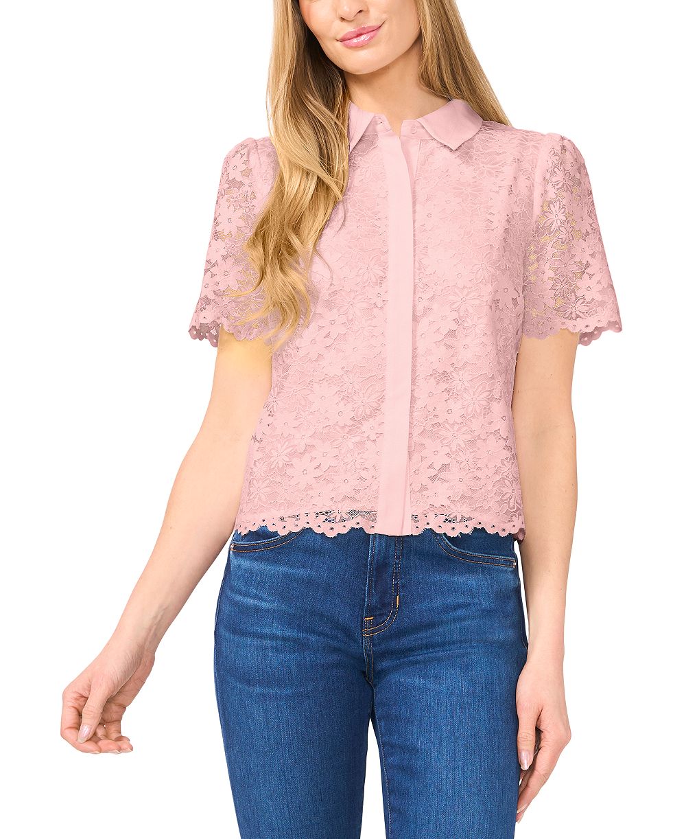 CeCe Women's Floral Lace Hidden Placket Blouse
