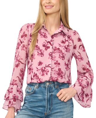 CeCe Women's Long-Sleeve Double-Ruffle Cuff Button-Down Floral-Print Blouse