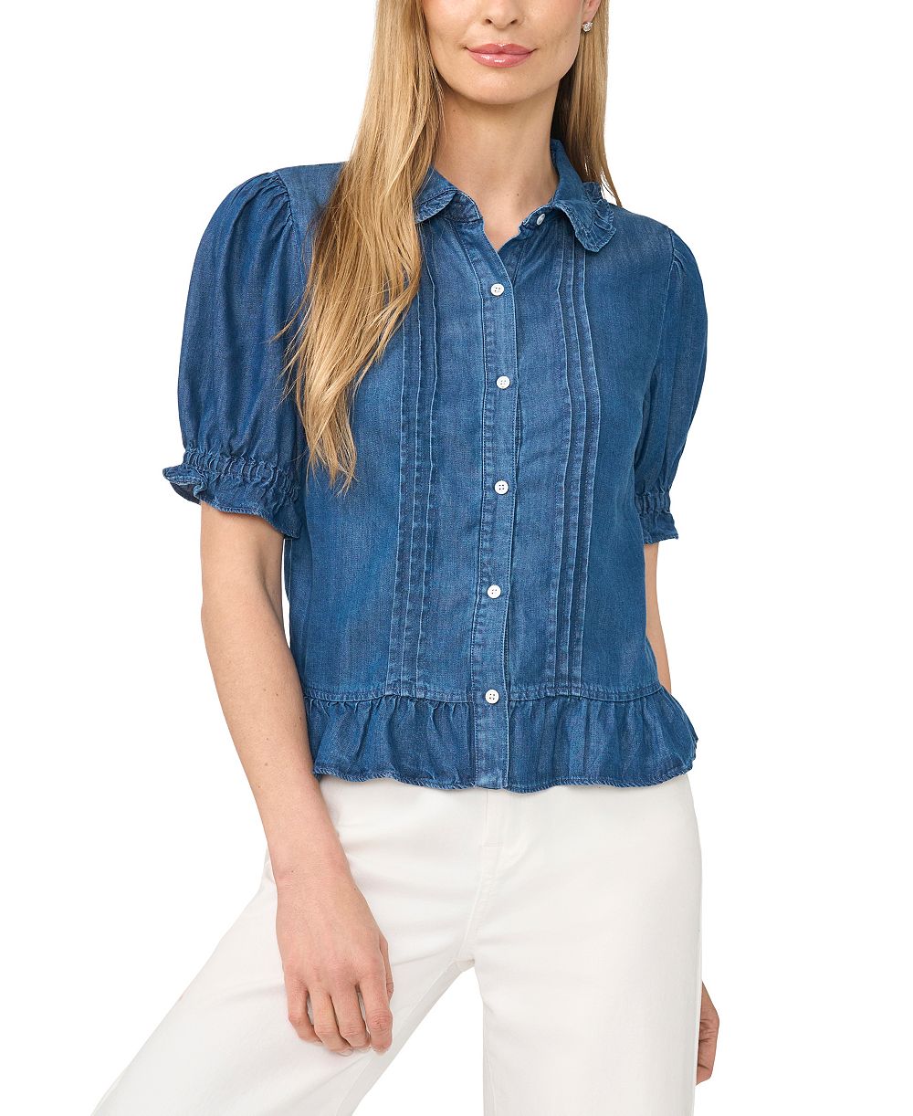 CeCe Women's Puff-Sleeve Cropped Ruffle-Collar Top
