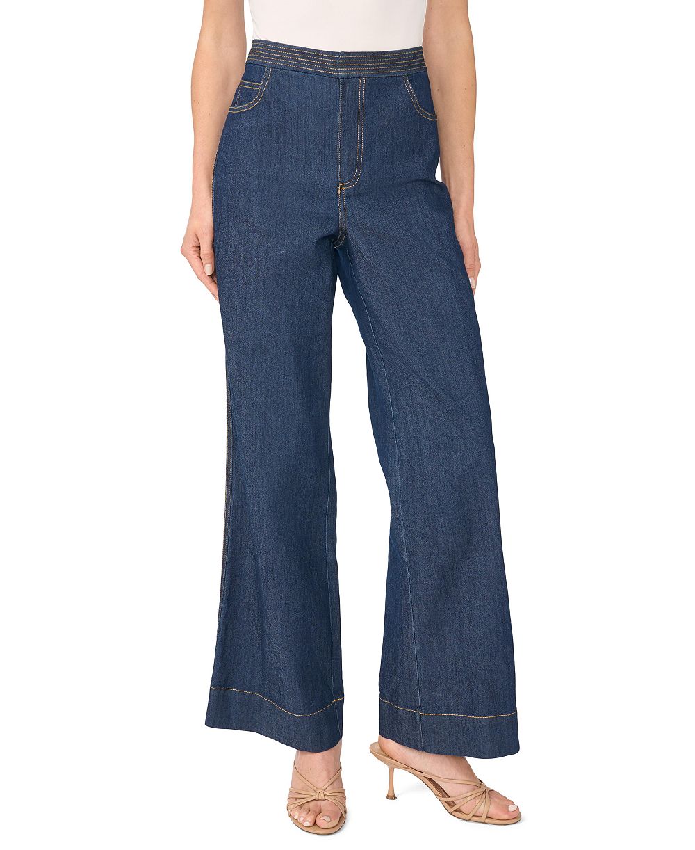 CeCe Women's Double Contrast High-Waisted Wide-Leg Stretch Jeans