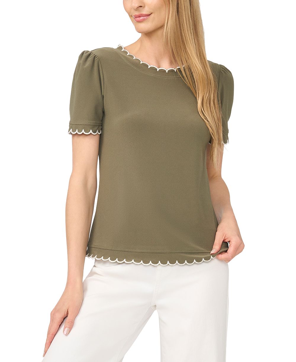 CeCe Women's Puff Sleeve Scalloped Blouse