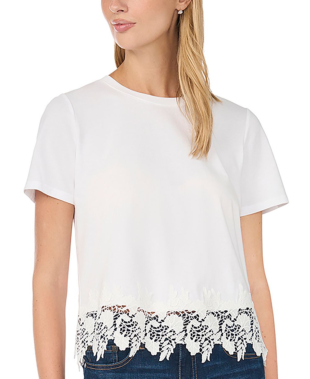 CeCe Women's Cropped Boxy Tee With Lace Trim T-Shirt